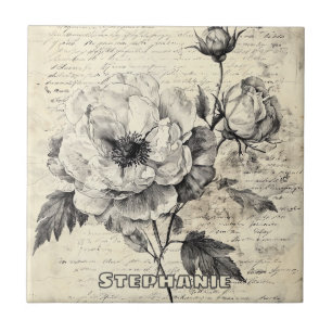 Romantische Sepia-Blumen Vintage-Papier Fliese