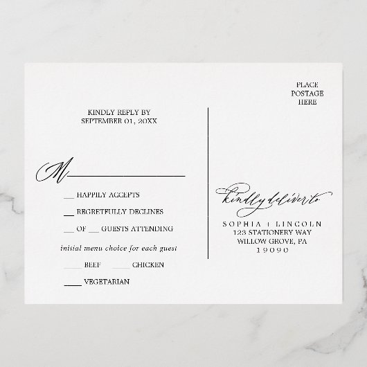 Romantische Silber Foil Wedding Meal Option UAWG Folie Einladungspostkarte (Rückseite)