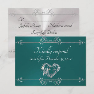Romantische Silber-Schriftrolle Herz auf Teal RSVP Karte