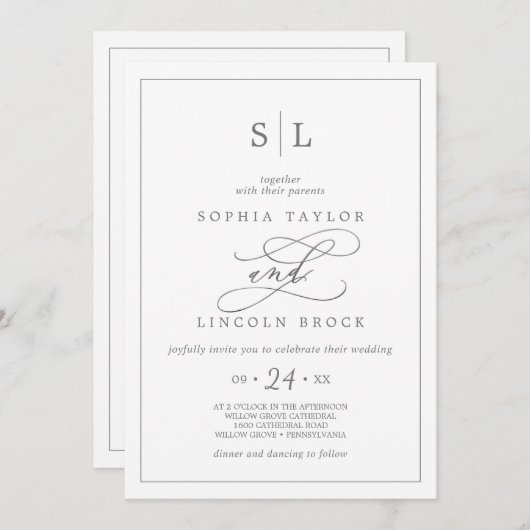 Romantische Silberkalligrafie-Monogramm-Hochzeit Einladung (Vorne/Hinten)