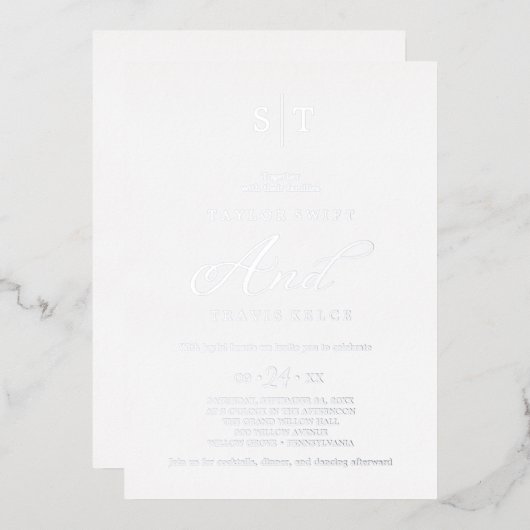 Romantische Silberstreifen-Kalligrafie-Monogramm-H Folieneinladung (Vorderseite/Rückseite)