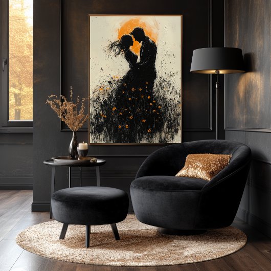 Romantische Silhouette mit Golden Glow & Wildblume Poster