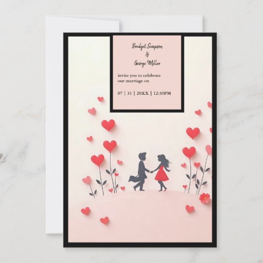 Romantische Silhouette Rote Herzen Hochzeit Einladung (Vorderseite)