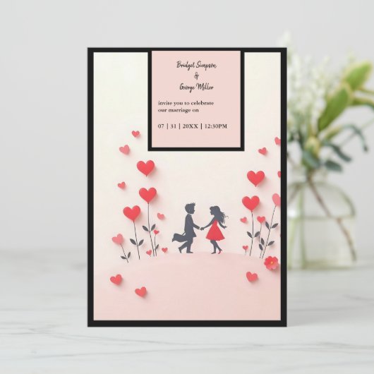 Romantische Silhouette Rote Herzen Hochzeit Einladung (Stehend Vorderseite)