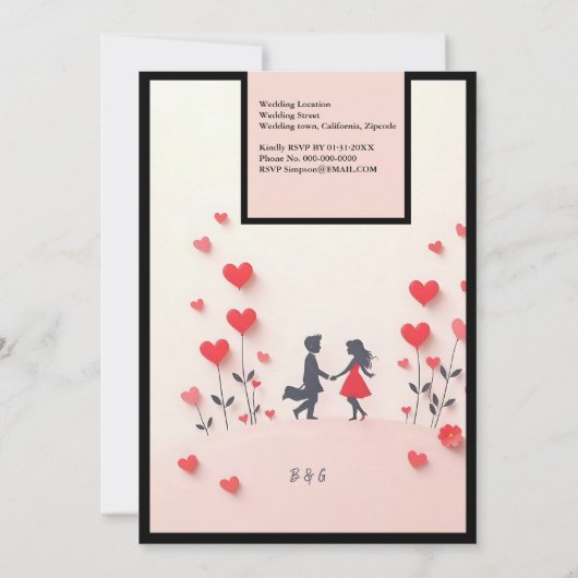 Romantische Silhouette Rote Herzen Hochzeit Einladung (Rückseite)