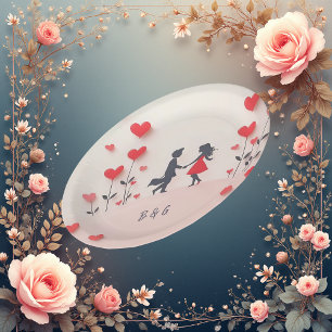 Romantische Silhouette Rote Herzen Hochzeit Pappteller