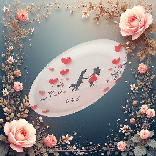 Romantische Silhouette Rote Herzen Hochzeit Pappteller