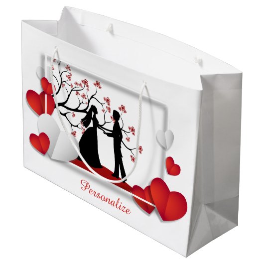 Romantische Silhouette Rotes Herz personalisieren Große Geschenktüte (Rückseite Schrägansicht)