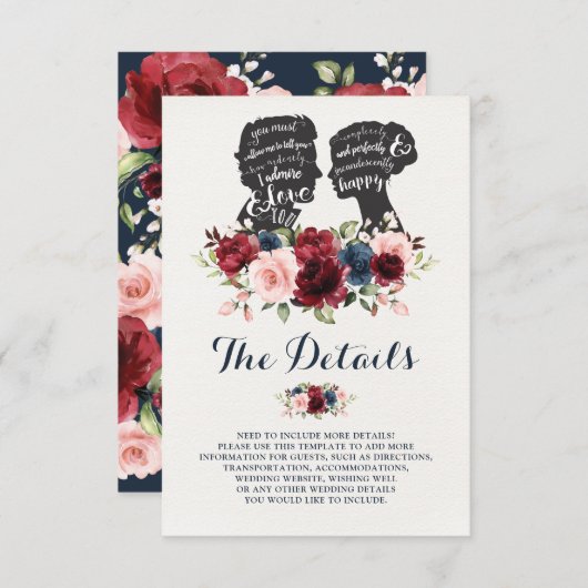 Romantische Silhouetten Maroon Blumendetails Begleitkarte (Vorne/Hinten)