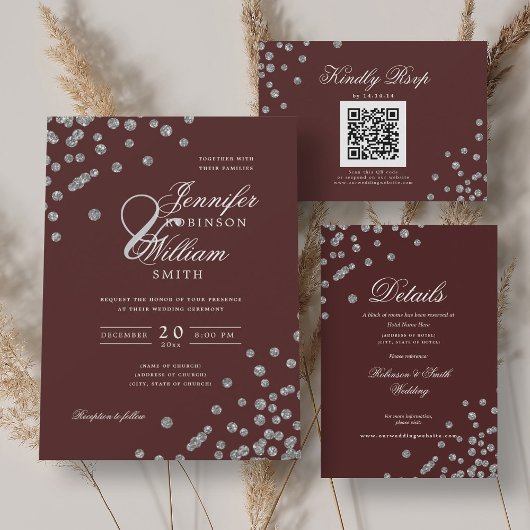 Romantische Silver Confetti Wedding Details Burgun Begleitkarte