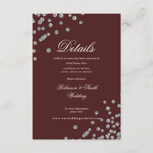 Romantische Silver Confetti Wedding Details Burgun Begleitkarte (Vorderseite)