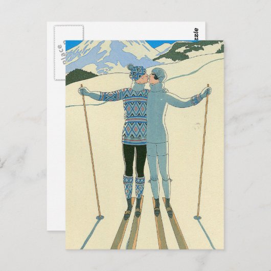 Romantische Skifahrer in Blau Postkarte (Vorne/Hinten)