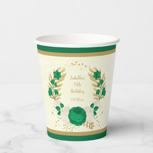 Romantische Smaragdgrün-weiße Blume Goldkranz Pappbecher (Rückseite)