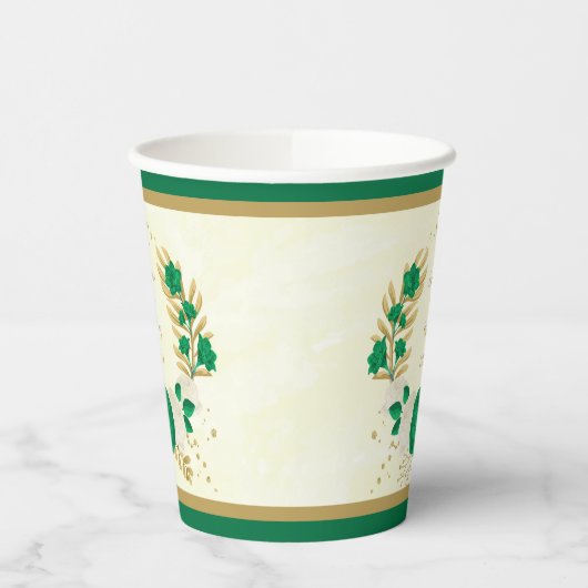 Romantische Smaragdgrün-weiße Blume Goldkranz Pappbecher (Links)