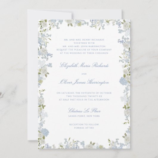 Romantische Soft Blue Floral Frame Wedding Einladung (Vorderseite)