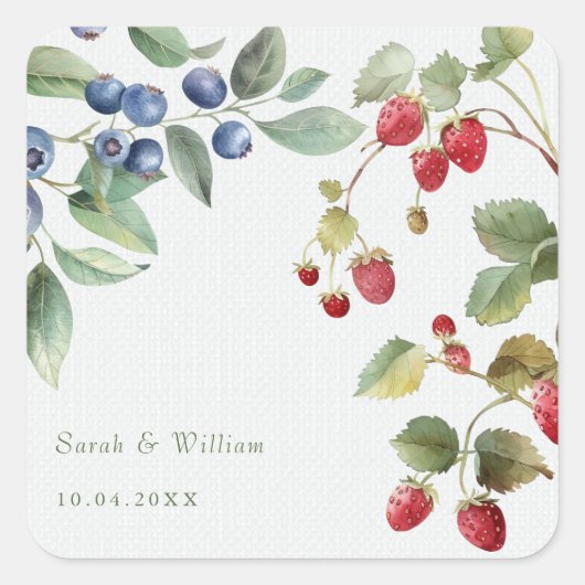 Romantische Sommerbeeren Hochzeitsticker Quadratischer Aufkleber (Vorderseite)