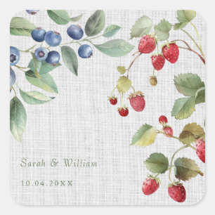 Romantische Sommerbeeren Hochzeitsticker Quadratischer Aufkleber