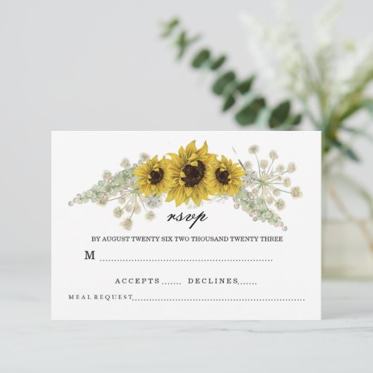 Romantische Sonnenblume RSVP Karte (Stehend Vorderseite)