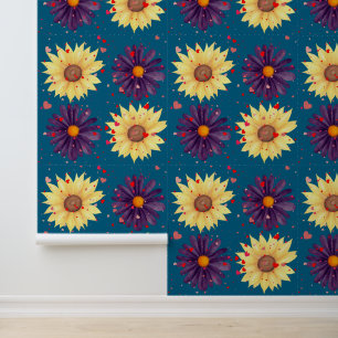 Romantische Sonnenblumen-Herz-Teal-Textur Tapete
