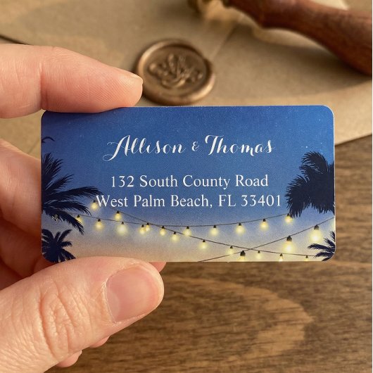 Romantische Sonnenuntergang Beach Palm Tree String Adressaufkleber