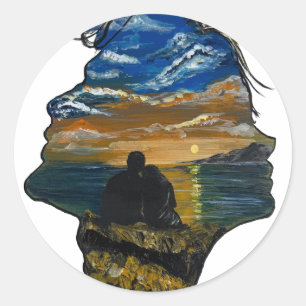 Romantische Sonnenuntergangs-Couple-Kunst - handge Runder Aufkleber