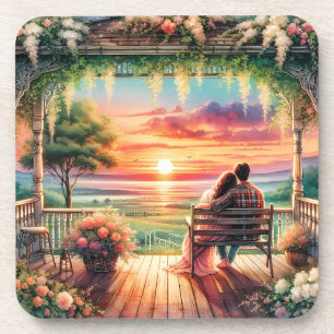 Romantische Sonnenuntergangs-Veranda-Illustration Getränkeuntersetzer