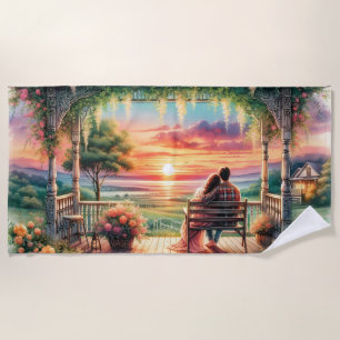 Romantische Sonnenuntergangs-Veranda-Illustration Strandtuch