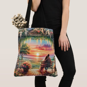 Romantische Sonnenuntergangs-Veranda-Illustration Tasche