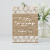 Romantische Spitzen und Burlap Quinceñera Einladun Einladung (Stehend Vorderseite)