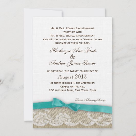 Romantische Spitzen- und Dark Aqua Bow Hochzeit Einladung (Vorderseite)