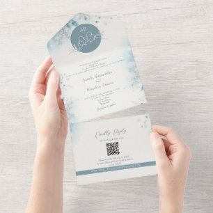 Romantische staubblaue Winterhochzeit All In One Einladung