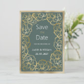 Romantische staubgrüne goldene Rose Save the Date Einladung (Stehend Vorderseite)