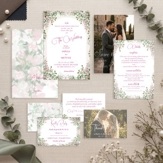 Romantische Staubrose-Blumenbogen-Hochzeitseinladu Einladung