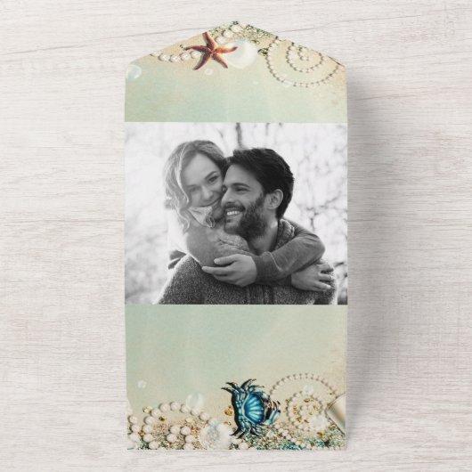 Romantische Strandfrüchte & Perlen Hochzeit All In One Einladung (Außenbereich)