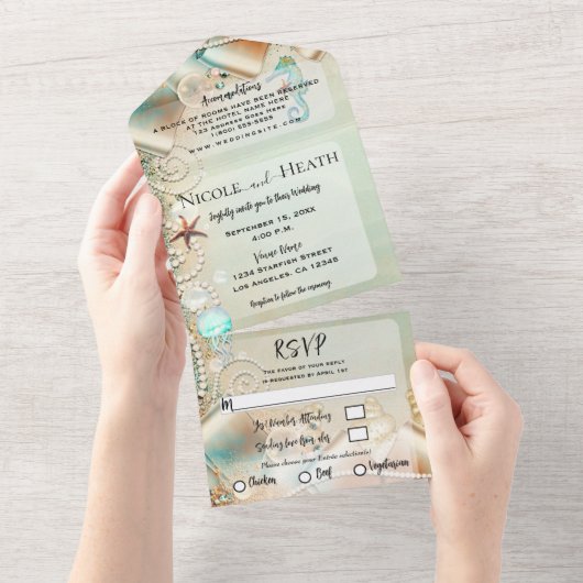 Romantische Strandfrüchte & Perlen Hochzeit All In One Einladung (Abreißen)