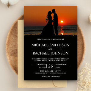 Romantische Strandsonnenuntergangs-Hochzeit für Pa Einladung