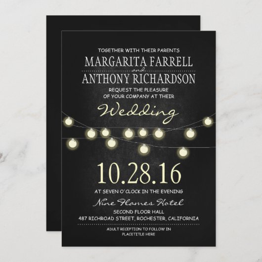 Romantische Streichellichtchalkboard Hochzeit lädt Einladung (Vorne/Hinten)