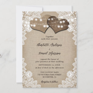 Romantische String Lights Burlap and Lace Wedding Einladung