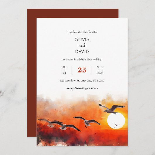 Romantische Summer Seagull Horizon Art Beach Hochz Einladung (Vorne/Hinten)