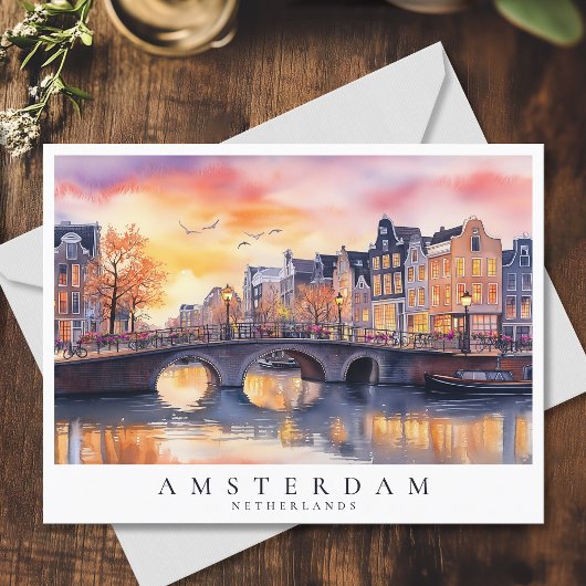 Romantische Sunset Amsterdam Canal Watercolor Reis Postkarte