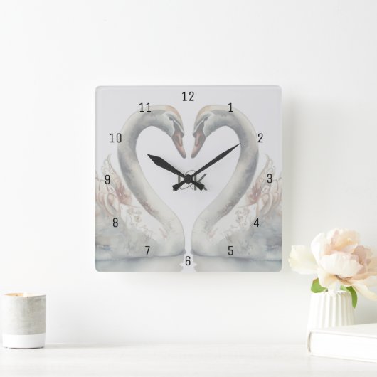 Romantische Swans Monogram Quadratische Wanduhr (Zuhause)
