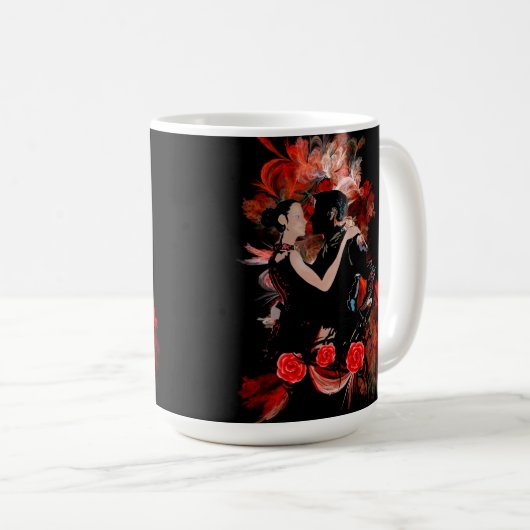 Romantische Tangotänzer auf rotem Fraktal Kaffeetasse (VorderseiteRechts)