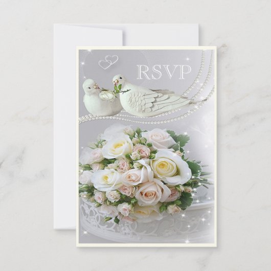 Romantische Tauben, Glitzern & Rose Hochzeit RSVP Karte (Vorderseite)