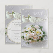 Romantische Tauben, Glitzern & Rose Hochzeit RSVP Karte (Vorne/Hinten)