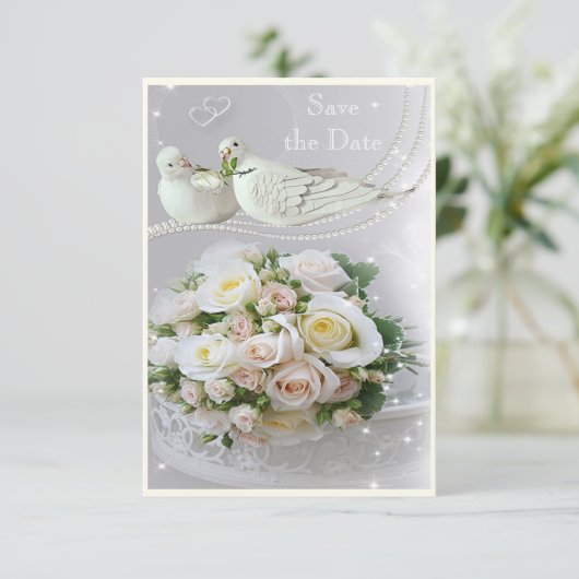 Romantische Tauben, Glitzern & Rose Save the Date (Stehend Vorderseite)