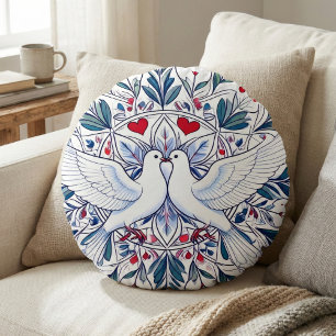 Romantische Tauben und Blumenherz Mandala Rundes Kissen