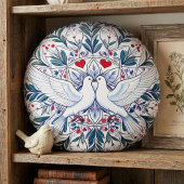 Romantische Tauben und Blumenherz Mandala Rundes Kissen