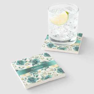 Romantische Teal Grün Creme Rose Blumen Steinuntersetzer