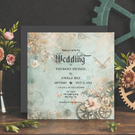 Romantische Teal-Steampunk-Zahnräder-Hochzeitseinl Einladung