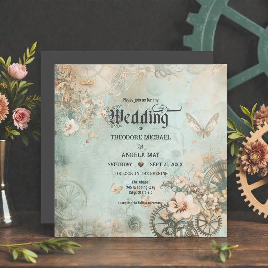 Romantische Teal-Steampunk-Zahnräder-Hochzeitseinl Einladung